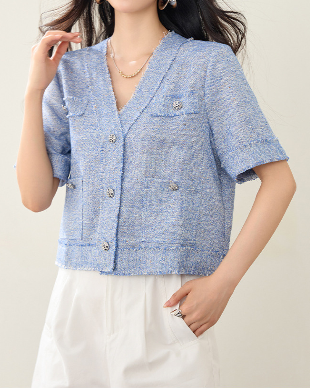 Elara Soft Tweed Button Cardigan