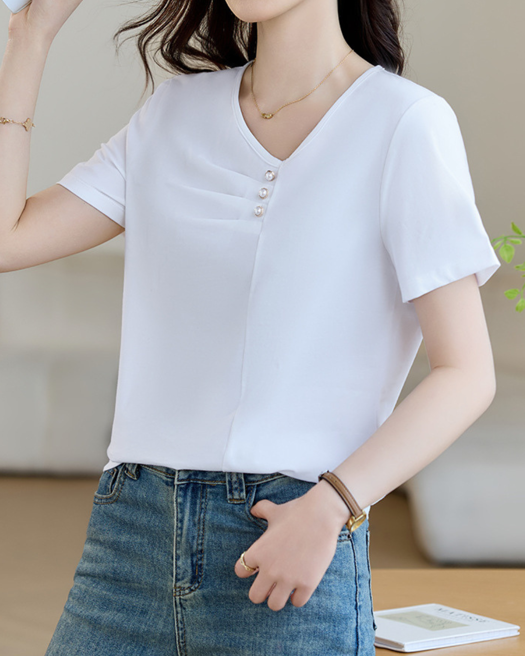 Mila Pleat Button T-Shirt