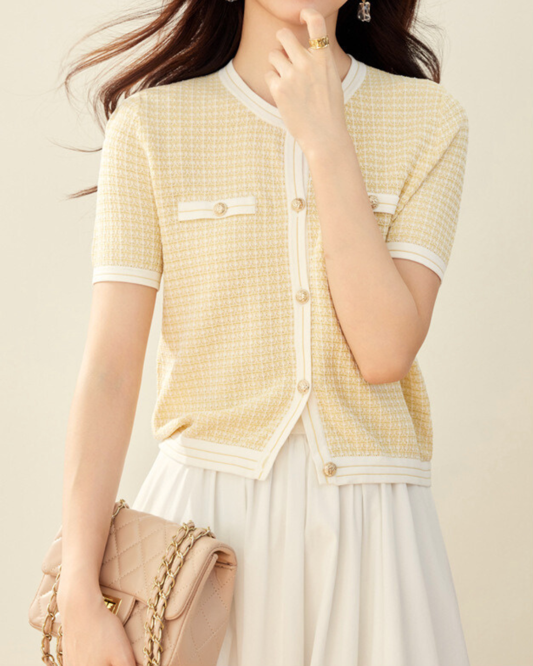 Maelle Tweed Trim Knit Tee