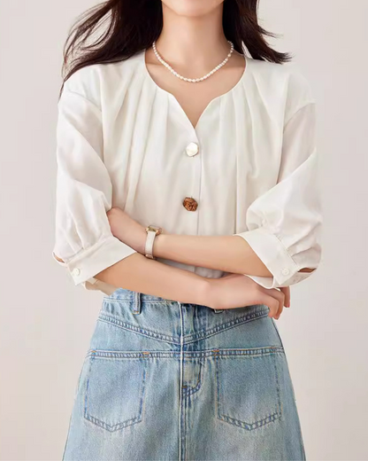 Elara Shell Button Drape Blouse
