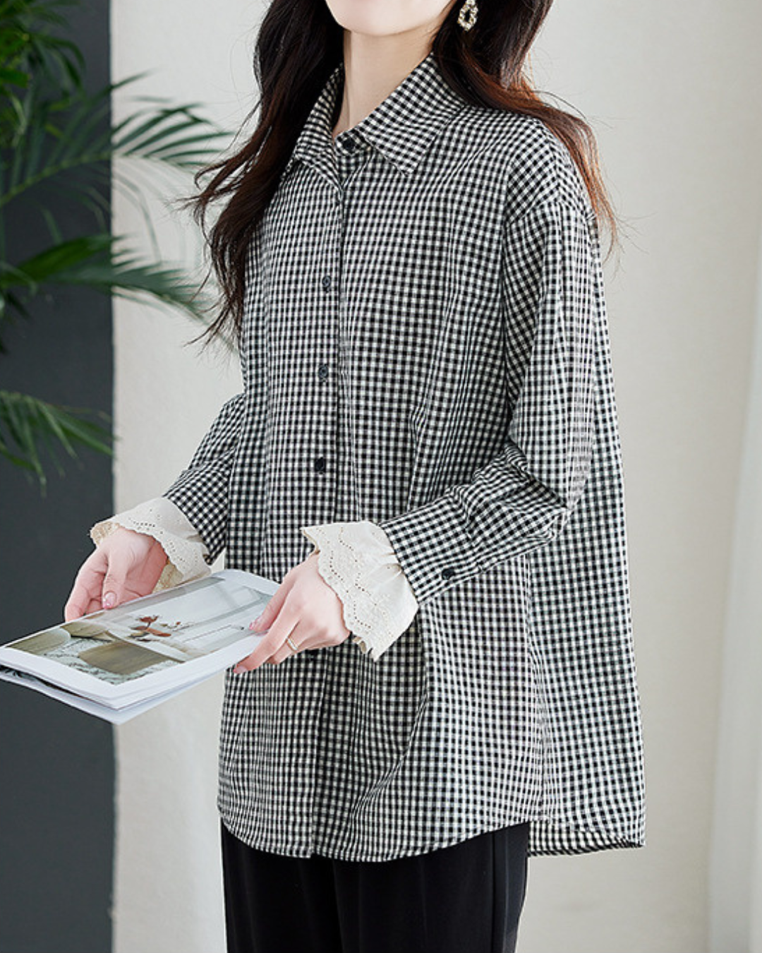 Elodie Gingham Lace Cuff Blouse
