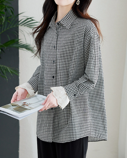 Elodie Gingham Lace Cuff Blouse