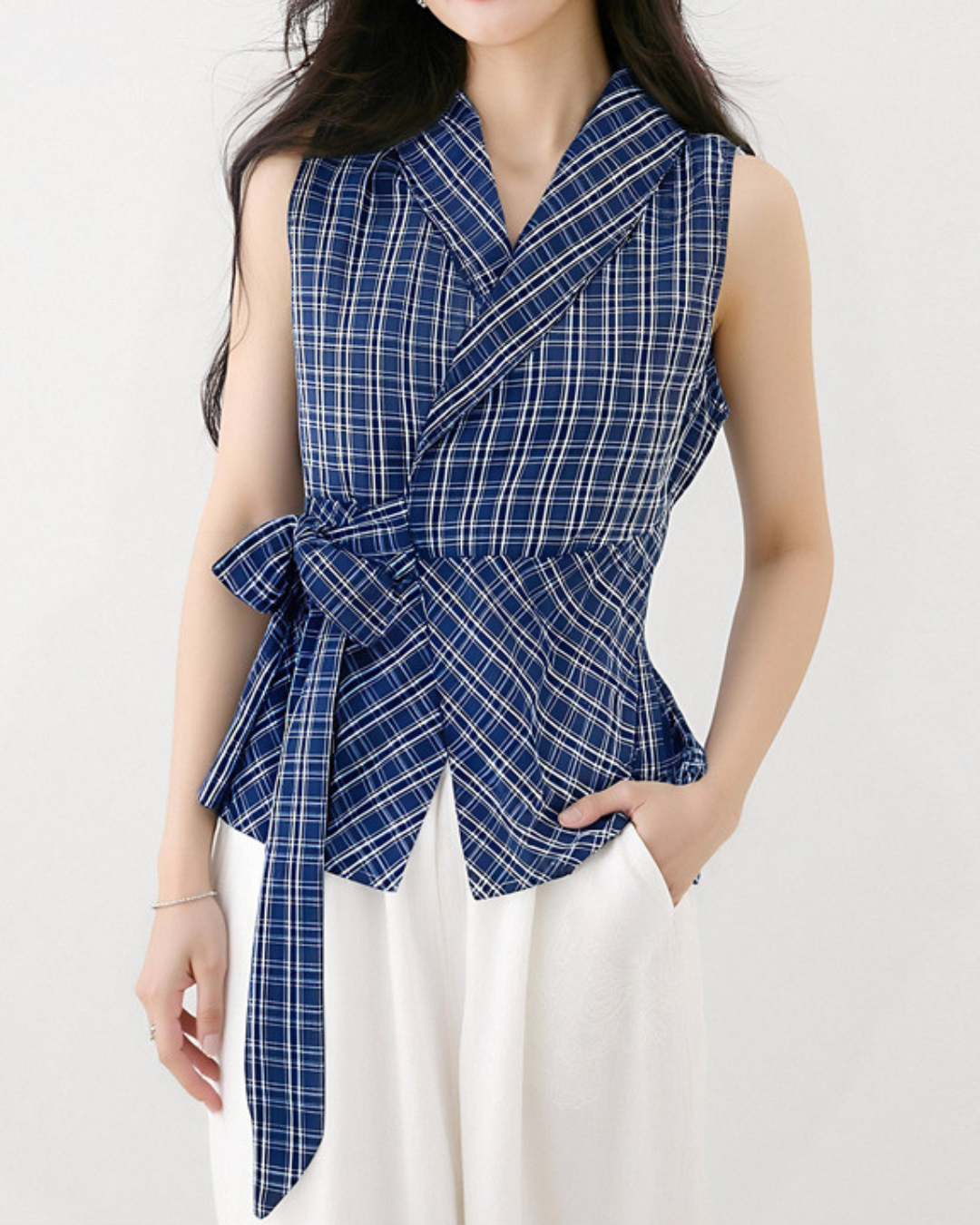 Elora Check Wrap Sleeveless Top