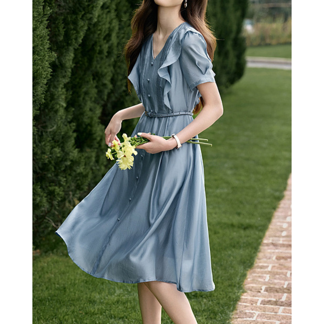 Dawn Pleat Flutter Belted Dress