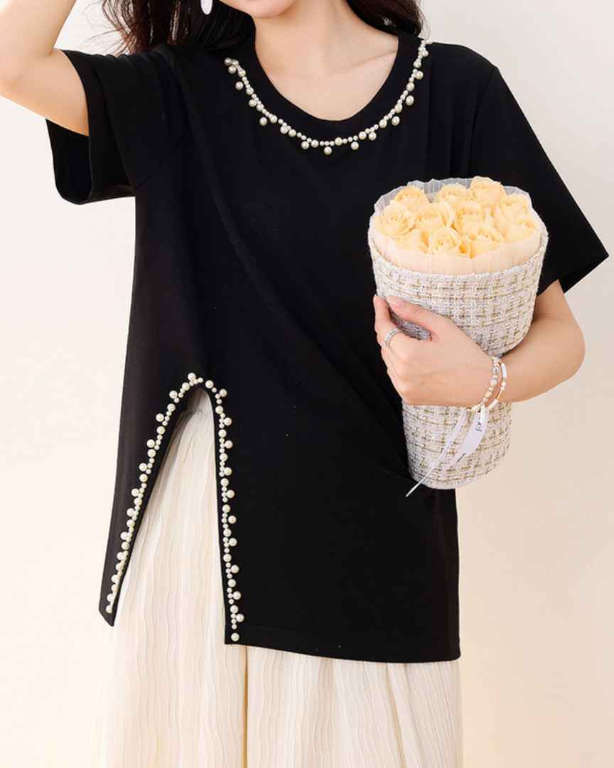 Elara Pearl Trim Cotton T-Shirt