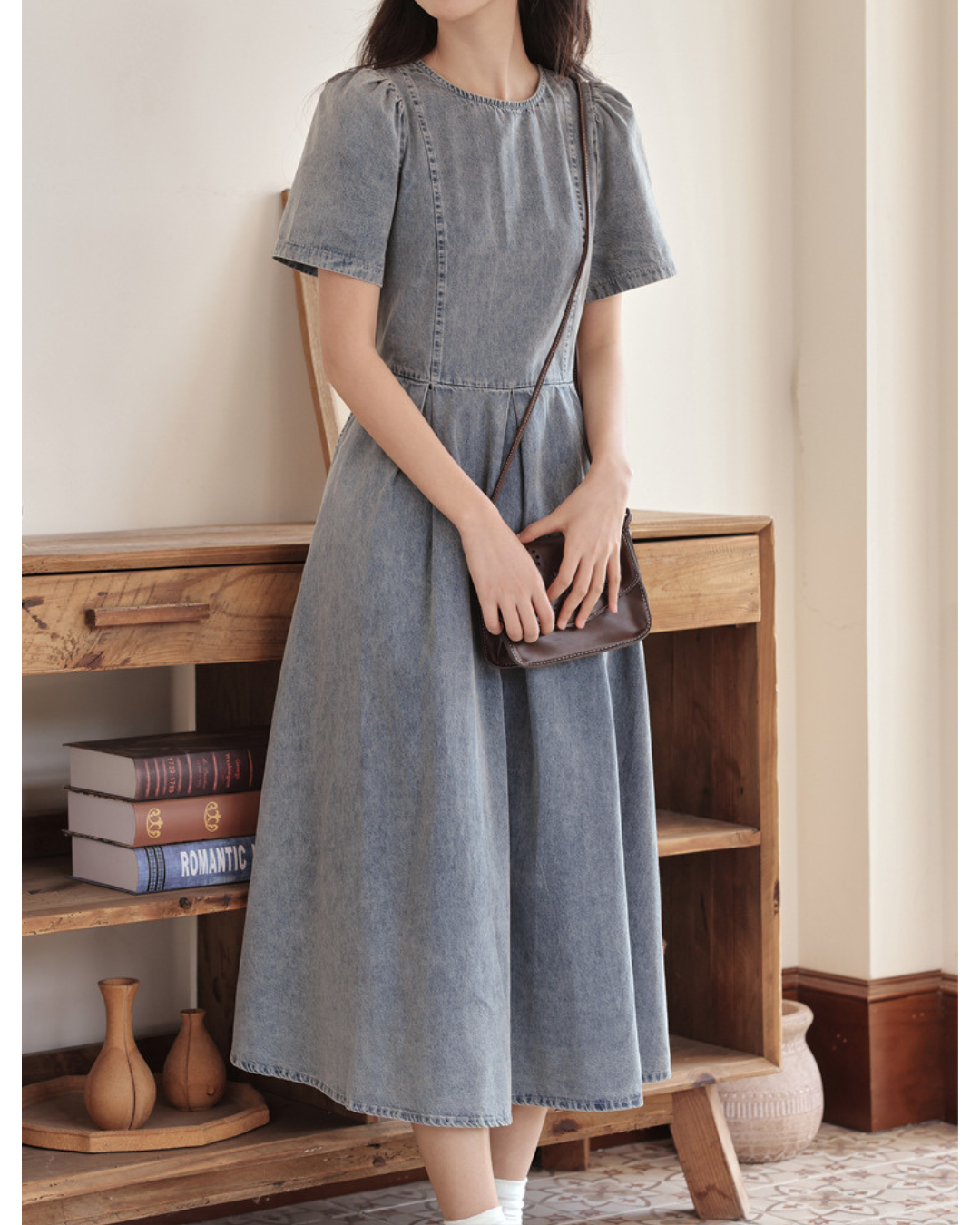 Elowen Gathered Denim Midi Dress