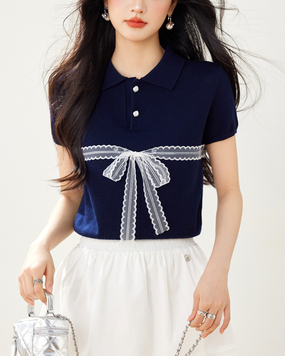 Liora Lace Bow Polo Knit