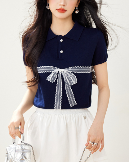 Liora Lace Bow Polo Knit