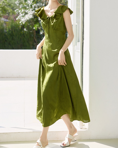 Olive Whisper Ruffle Midi Dress