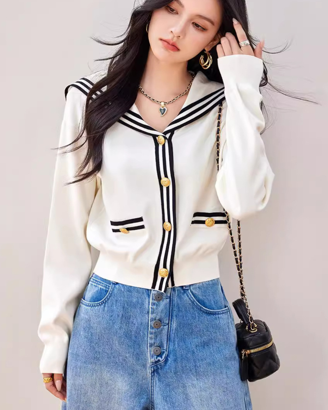 Marine Line Gold Button Cardigan