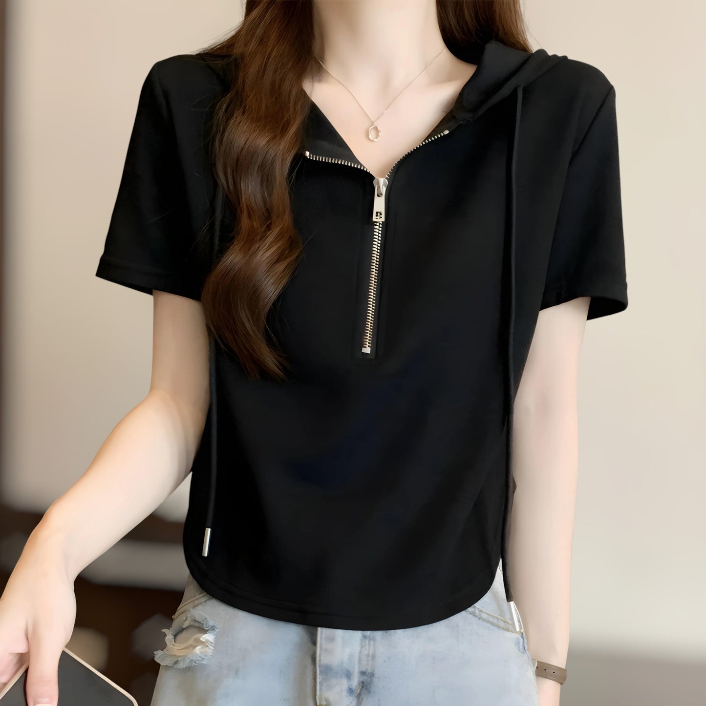 Noelle Zip Trim Soft Hoodie T-Shirt