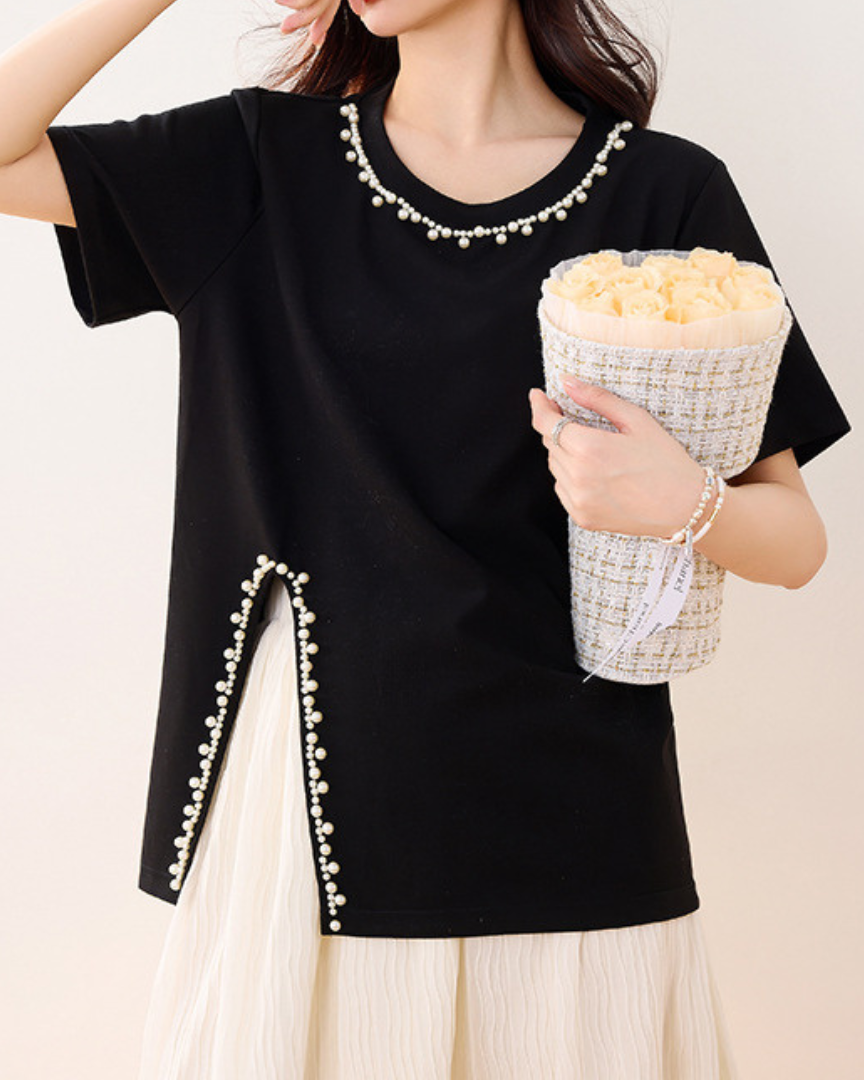 Elara Pearl Trim Cotton T-Shirt