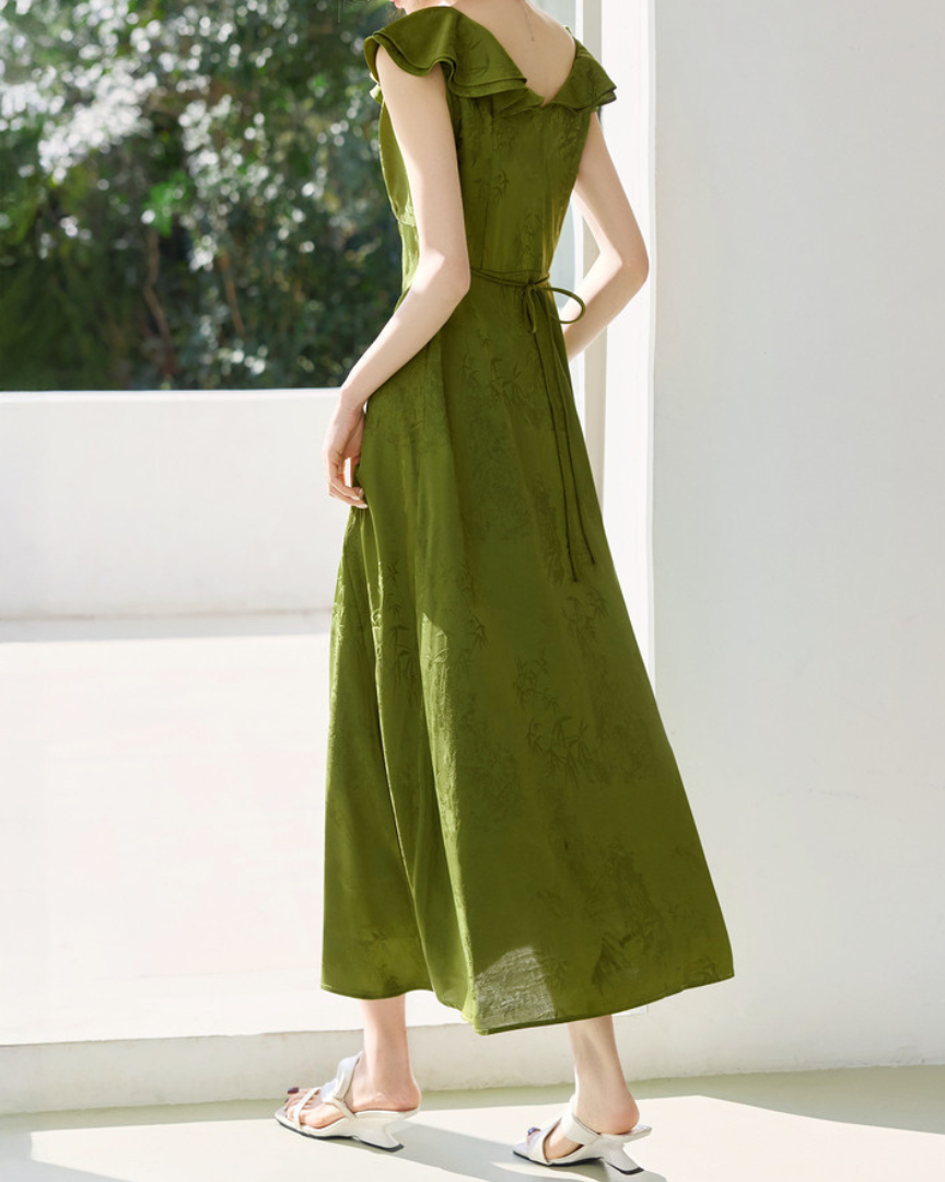 Olive Whisper Ruffle Midi Dress