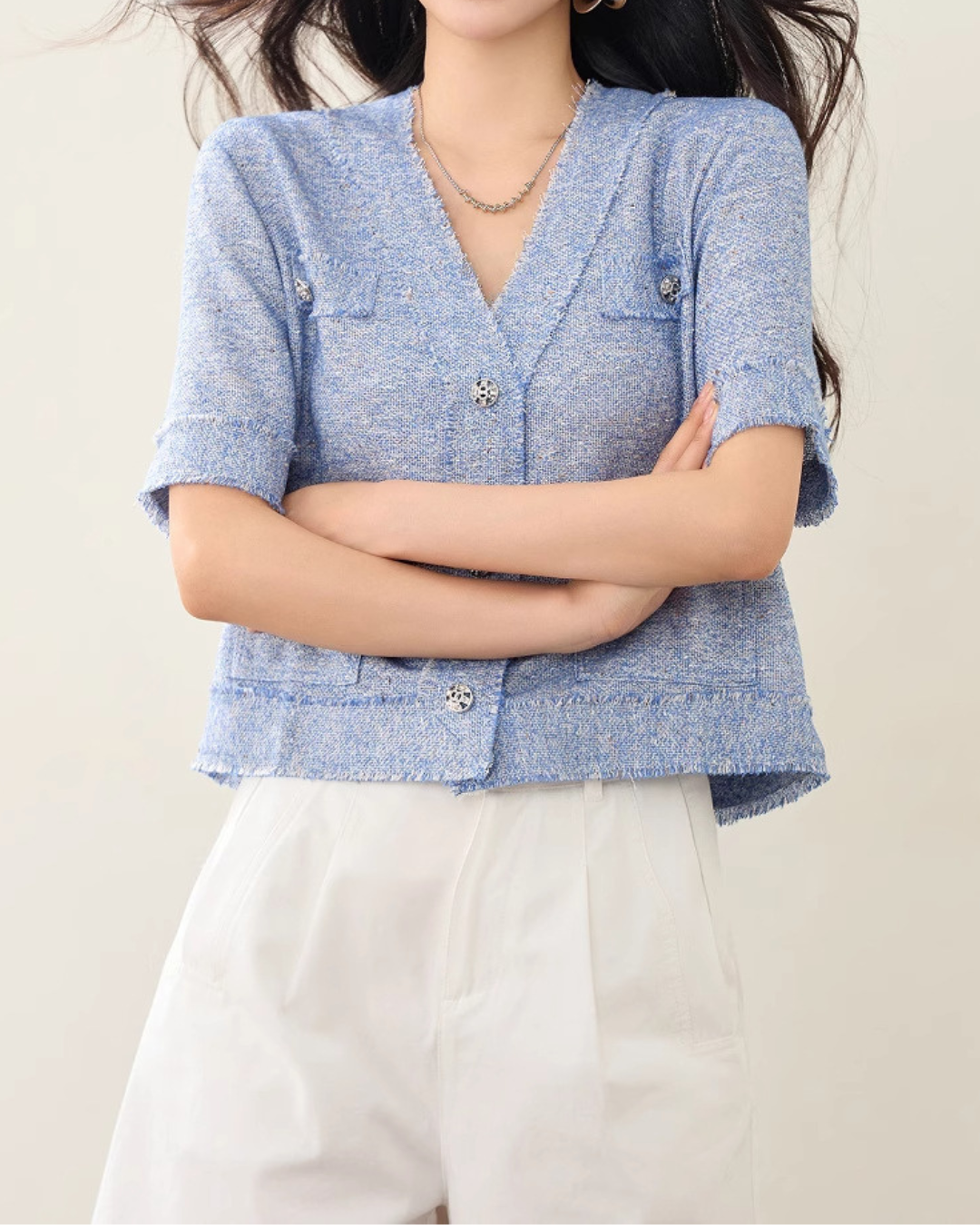 Elara Soft Tweed Button Cardigan