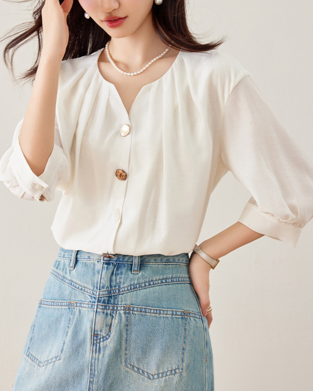 Elara Shell Button Drape Blouse