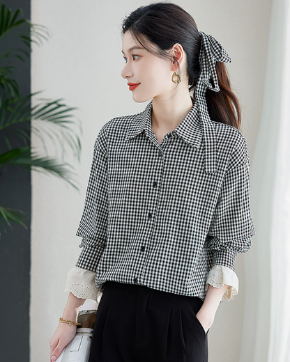 Elodie Gingham Lace Cuff Blouse