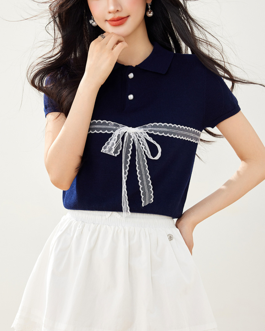 Liora Lace Bow Polo Knit