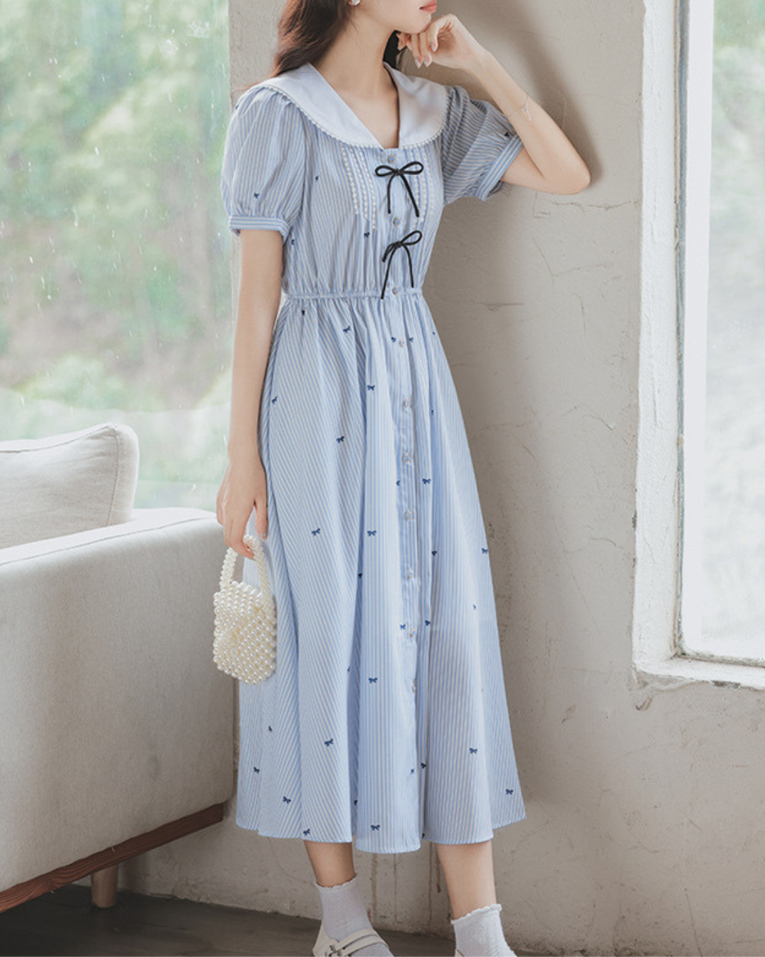 Elara Bow Stripe Midi Dress
