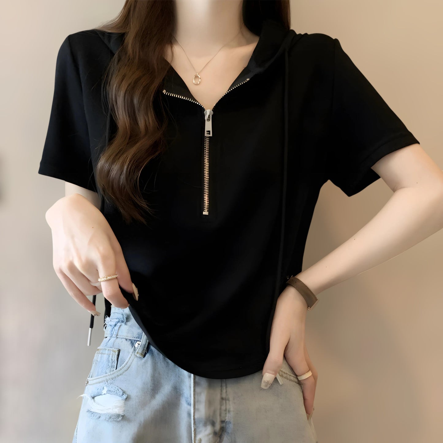 Noelle Zip Trim Soft Hoodie T-Shirt