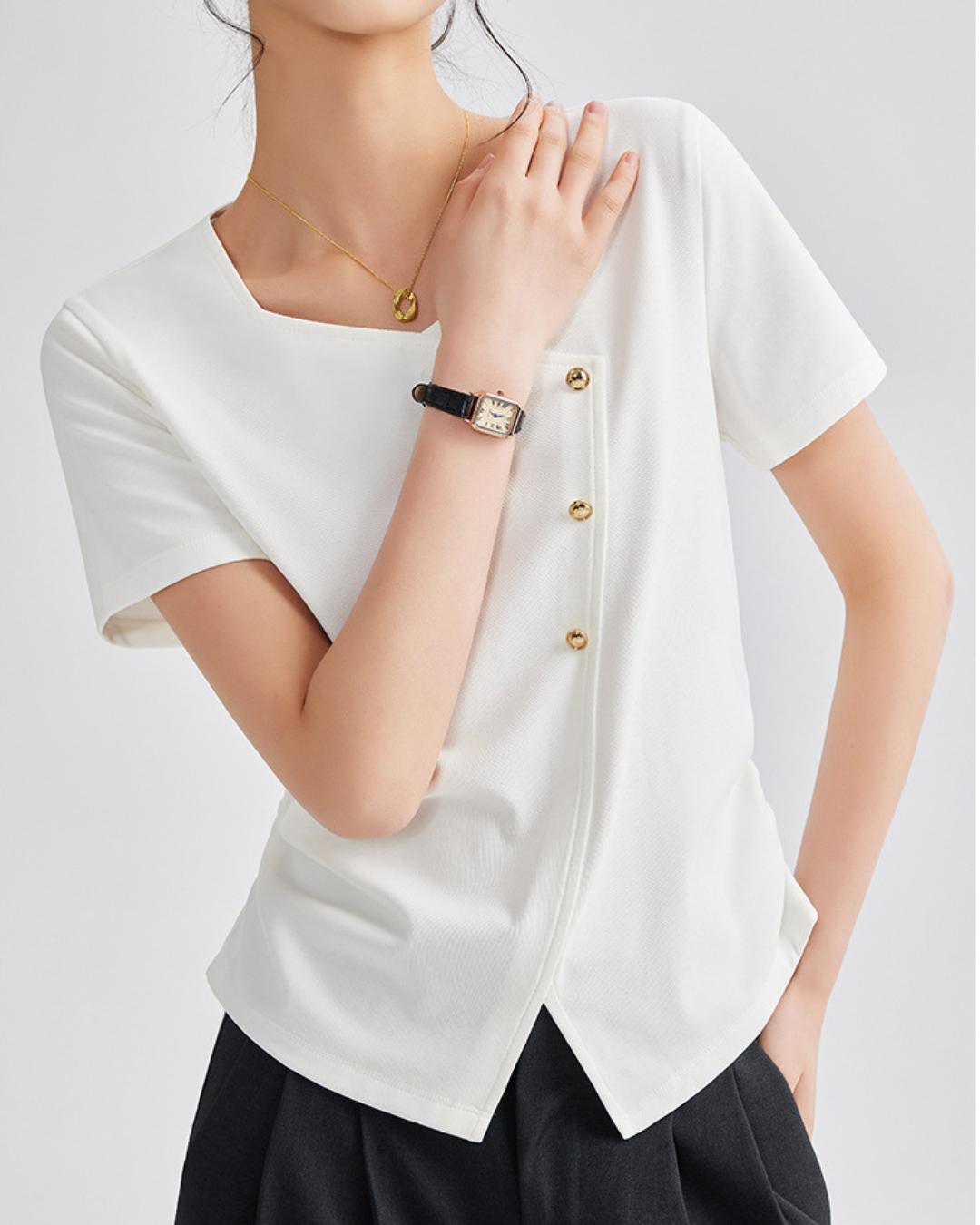 Mira Twist Button Draped T-Shirt