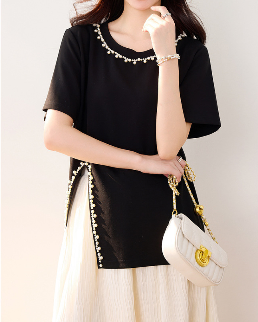 Elara Pearl Trim Cotton T-Shirt