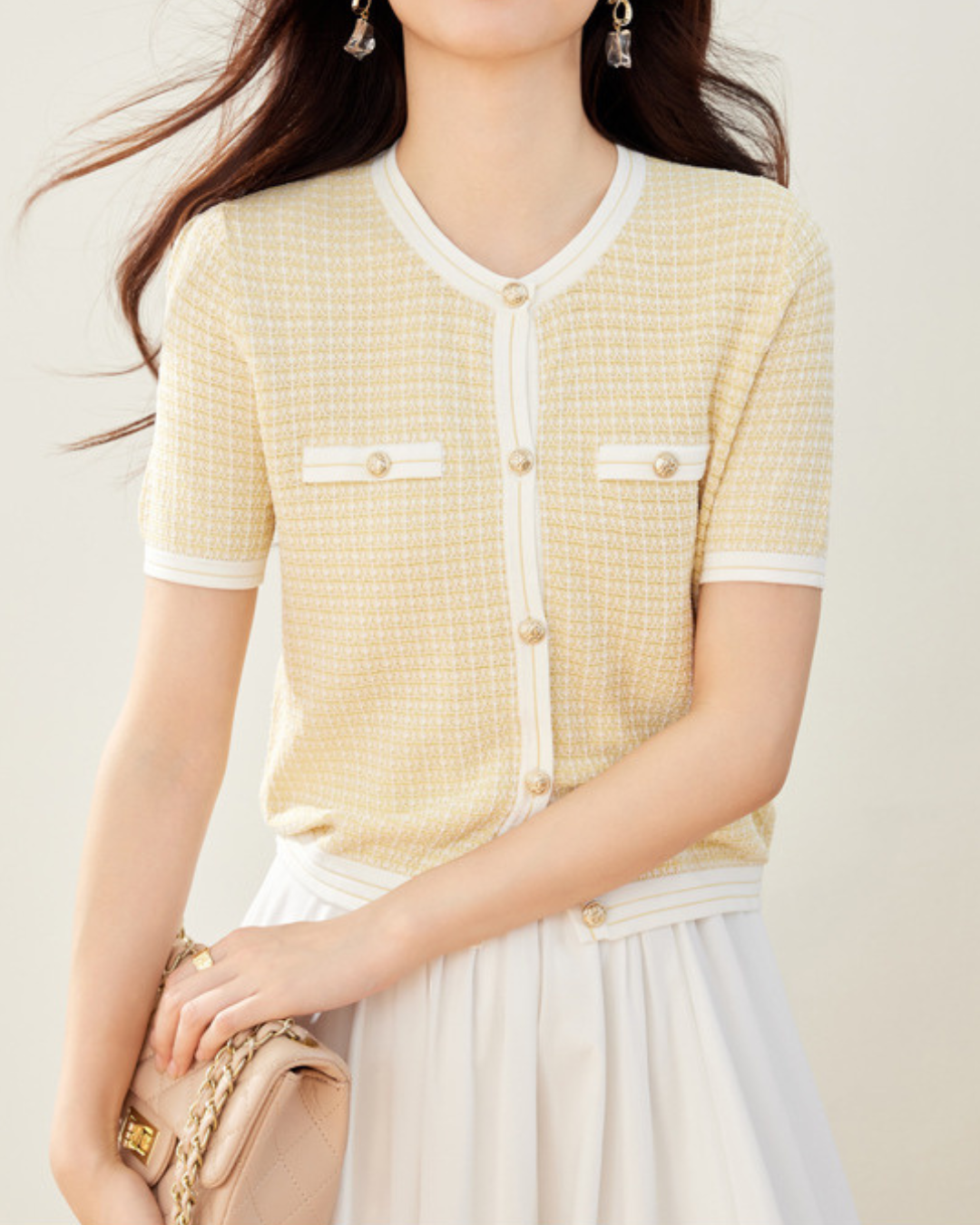 Maelle Tweed Trim Knit Tee