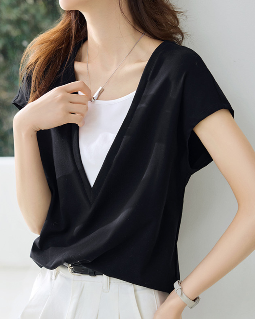 Lina Contrast Layered V T-Shirt