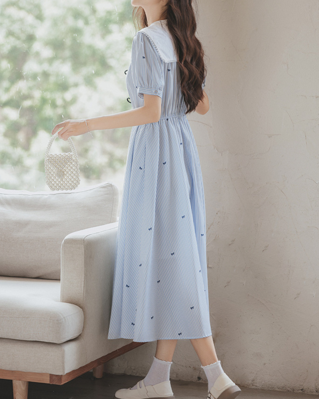 Elara Bow Stripe Midi Dress