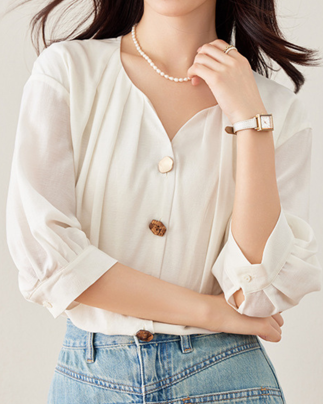 Elara Shell Button Drape Blouse