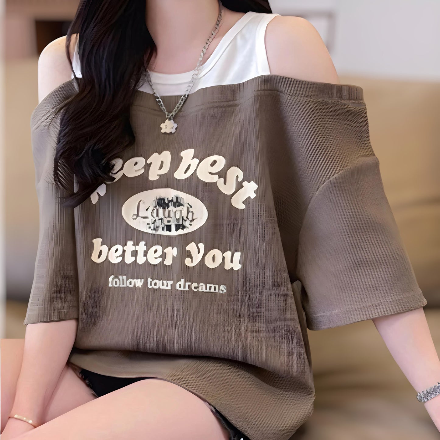 Lara Off-Shoulder Waffle T-Shirt