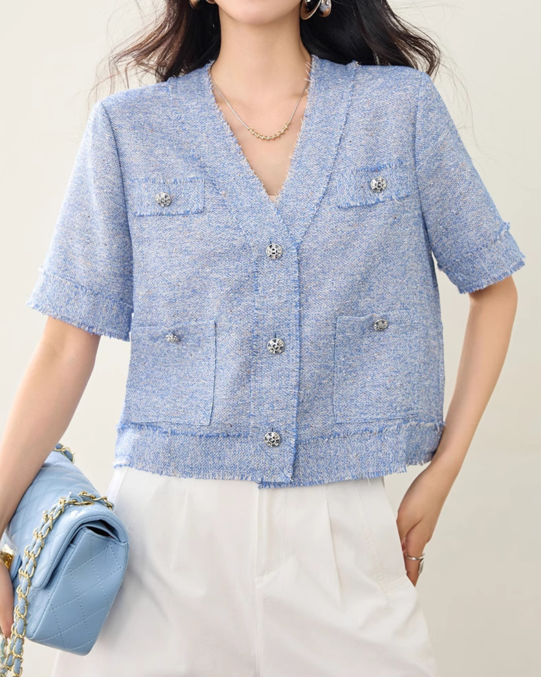 Elara Soft Tweed Button Cardigan