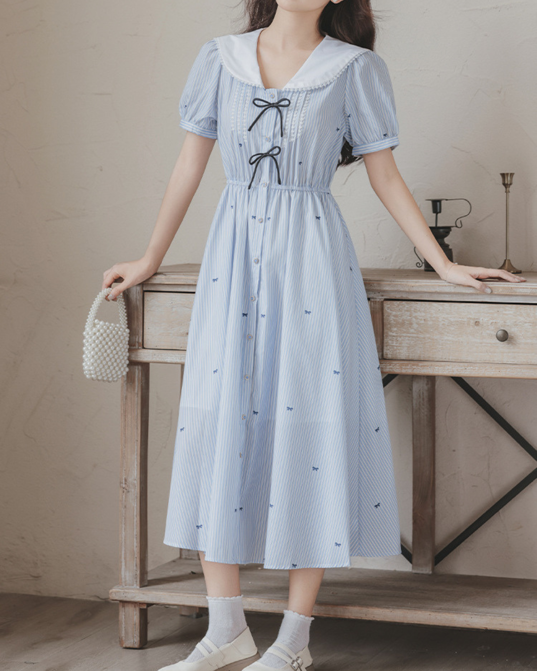 Elara Bow Stripe Midi Dress