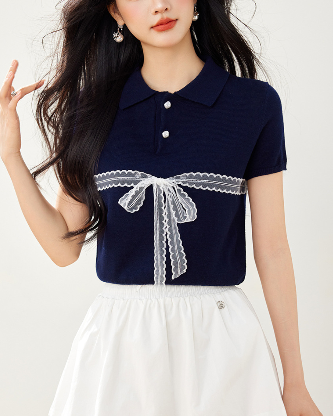 Liora Lace Bow Polo Knit