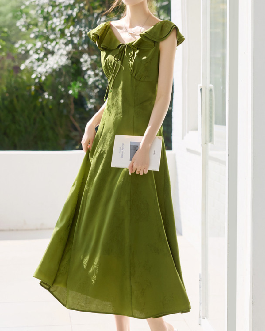 Olive Whisper Ruffle Midi Dress