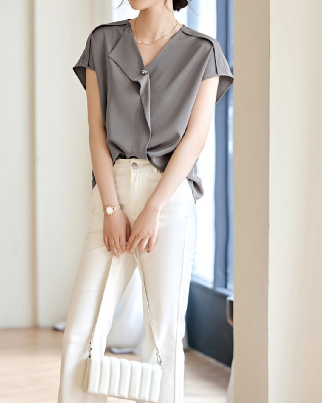 Aria Drape Pearl Collar Blouse