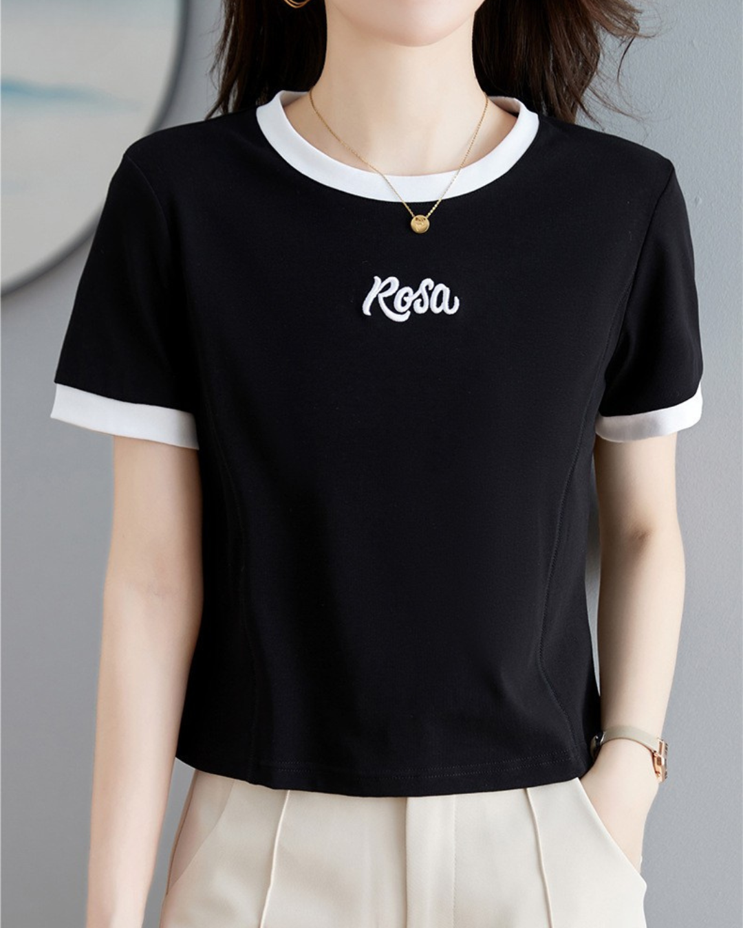 Rosa Contrast Trim Cotton T-Shirt