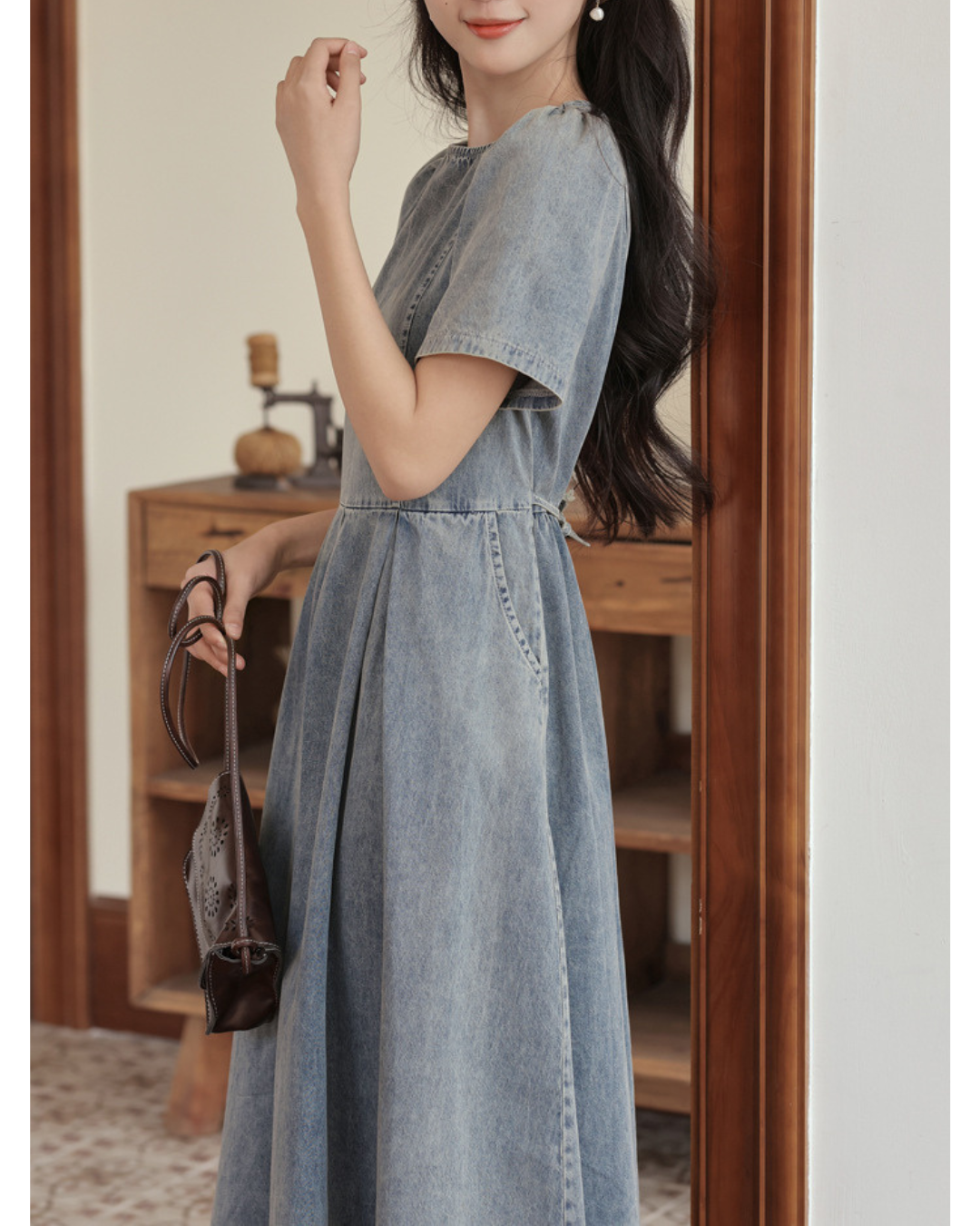 Elowen Gathered Denim Midi Dress