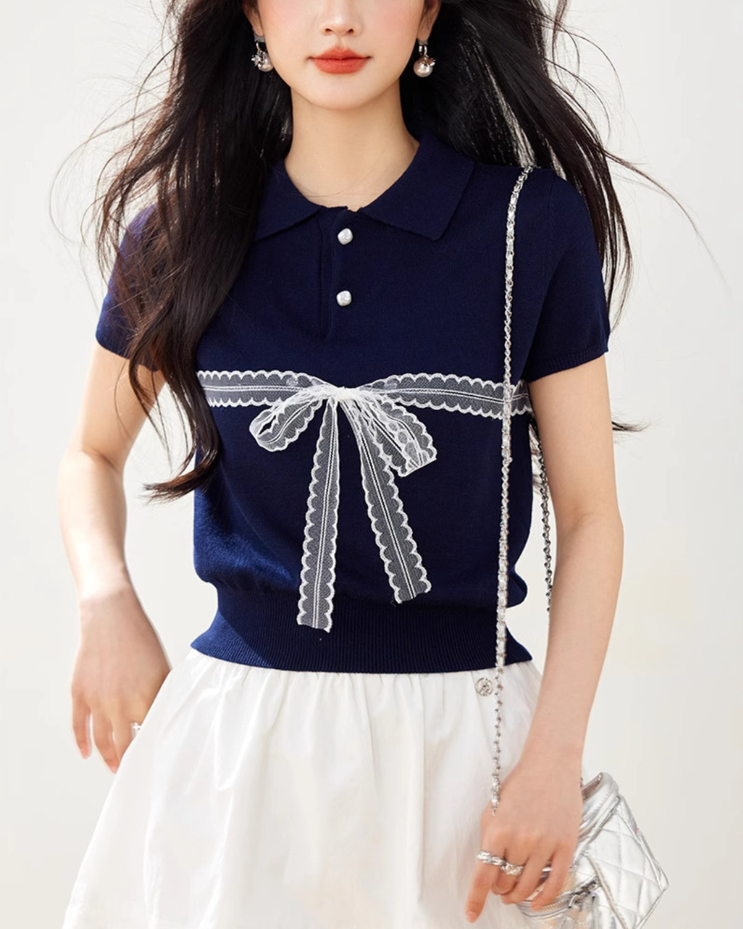 Liora Lace Bow Polo Knit
