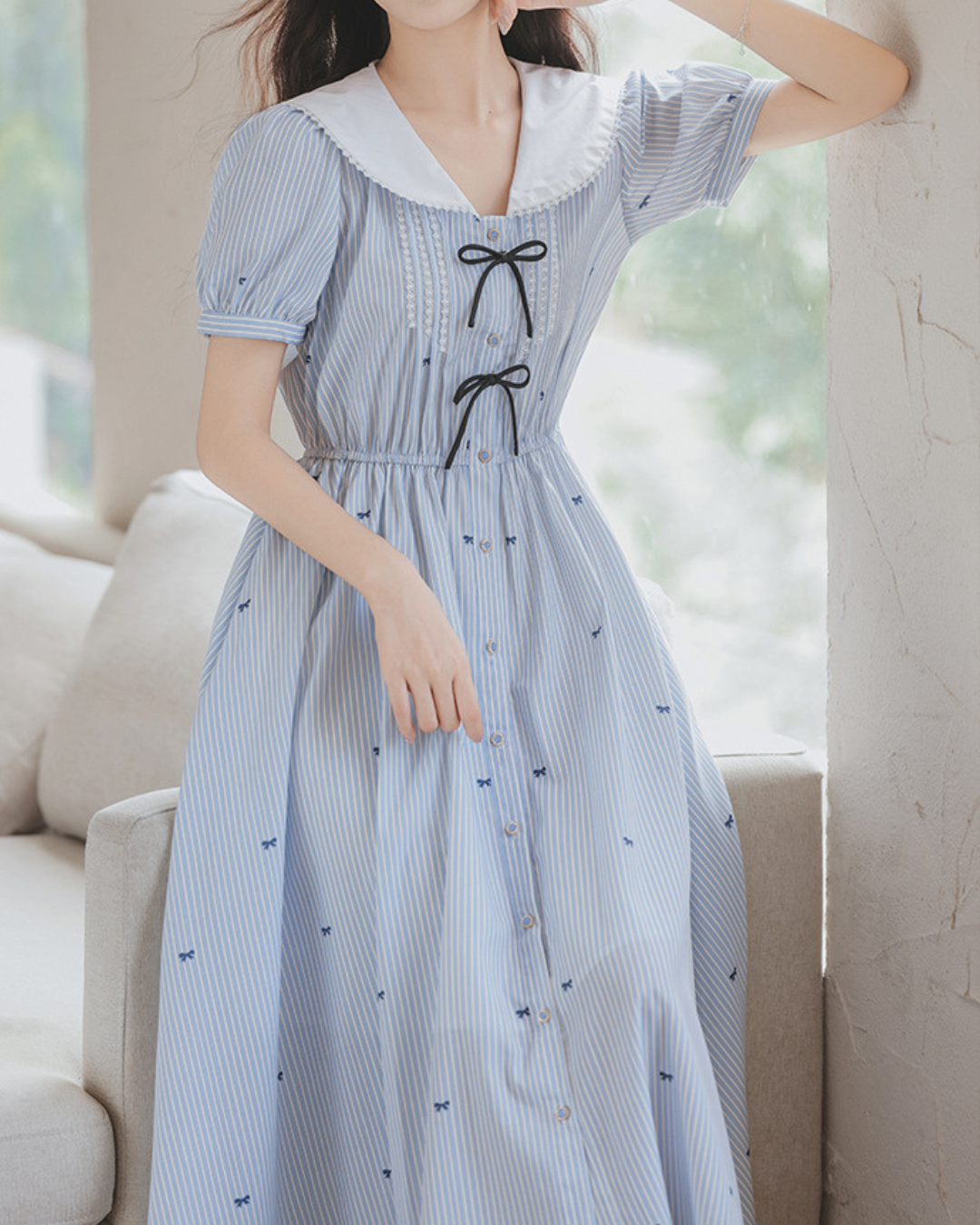 Elara Bow Stripe Midi Dress