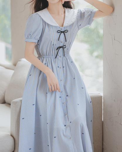 Elara Bow Stripe Midi Dress