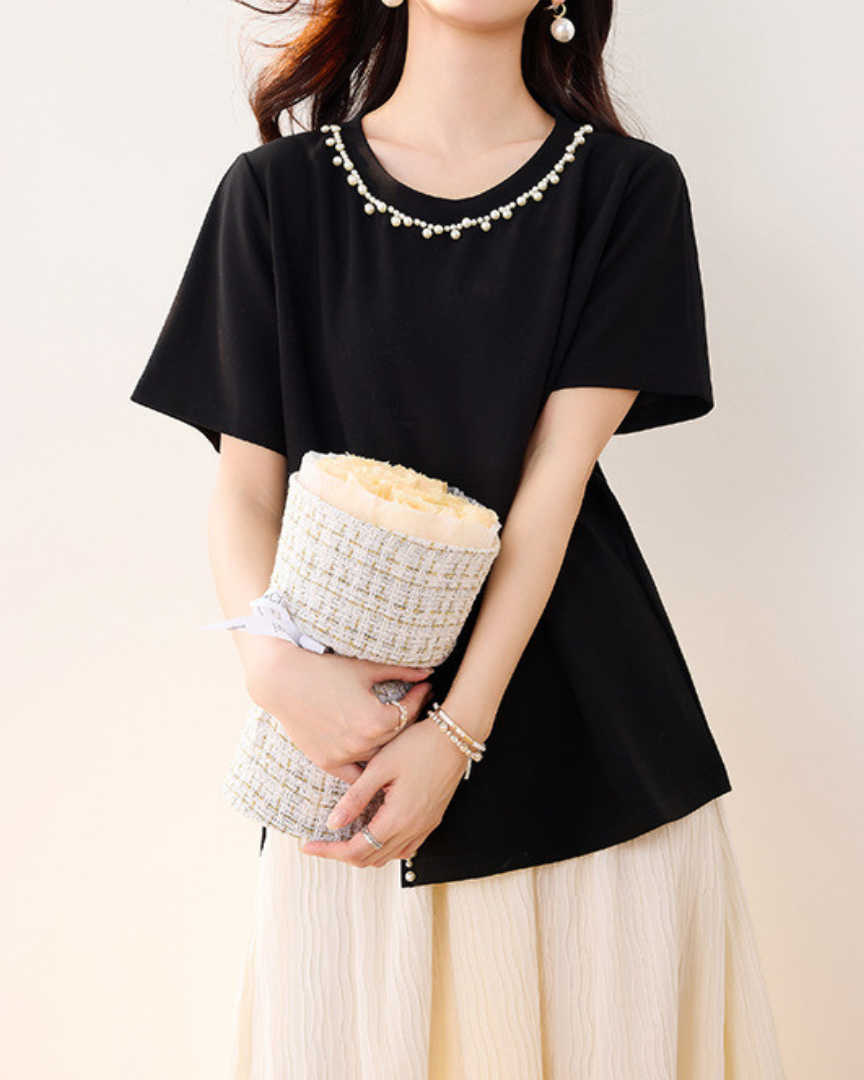Elara Pearl Trim Cotton T-Shirt