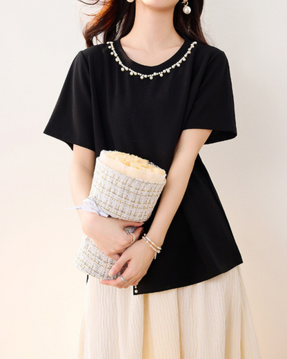 Elara Pearl Trim Cotton T-Shirt