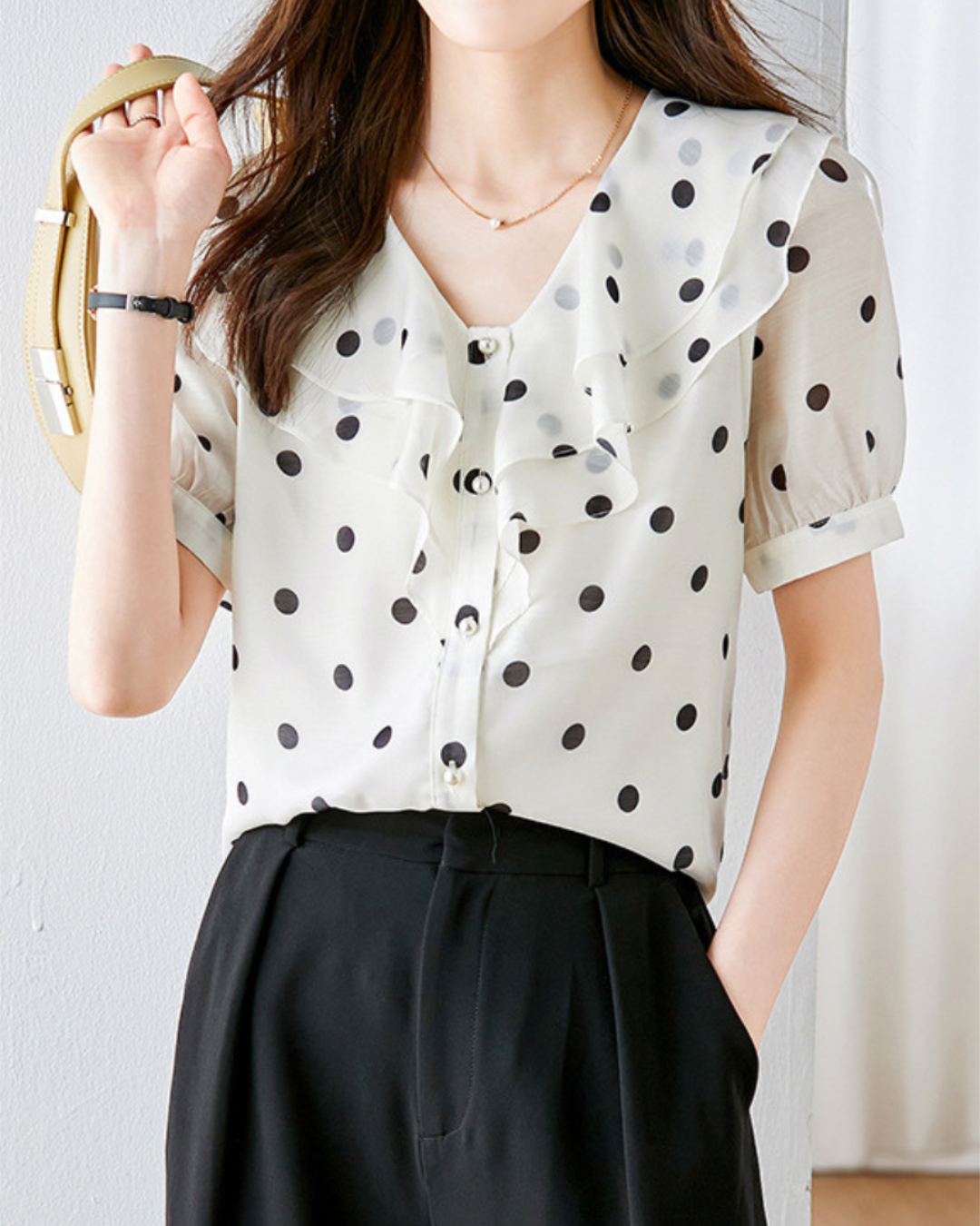 Mira Dot Ruffle Collar Blouse
