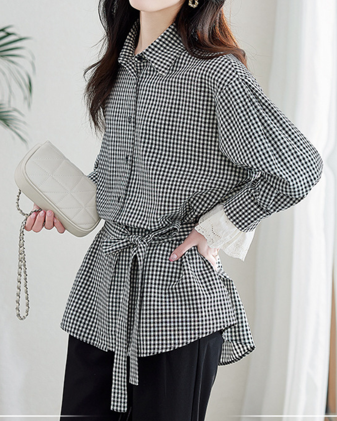 Elodie Gingham Lace Cuff Blouse