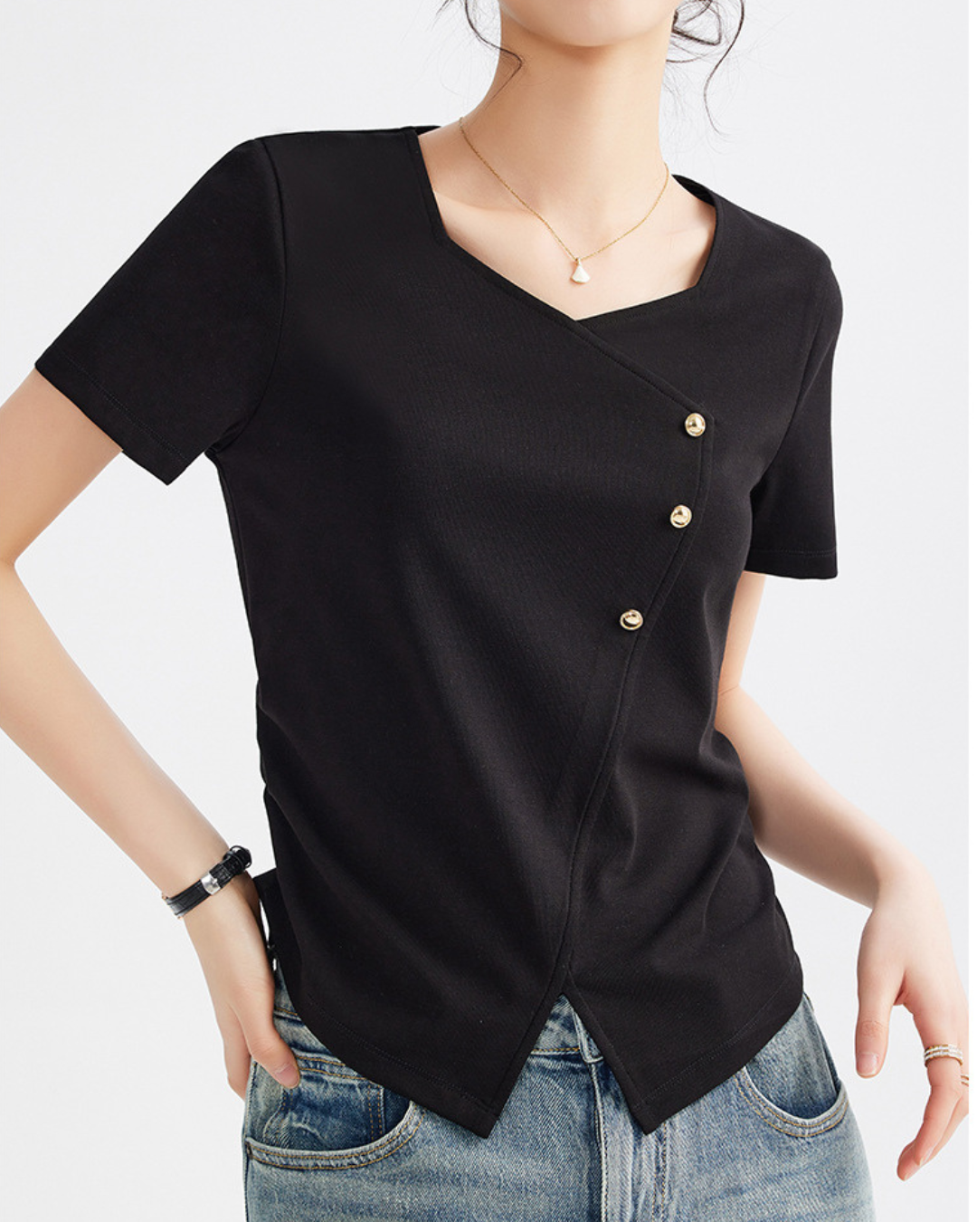 Mira Twist Button Draped T-Shirt