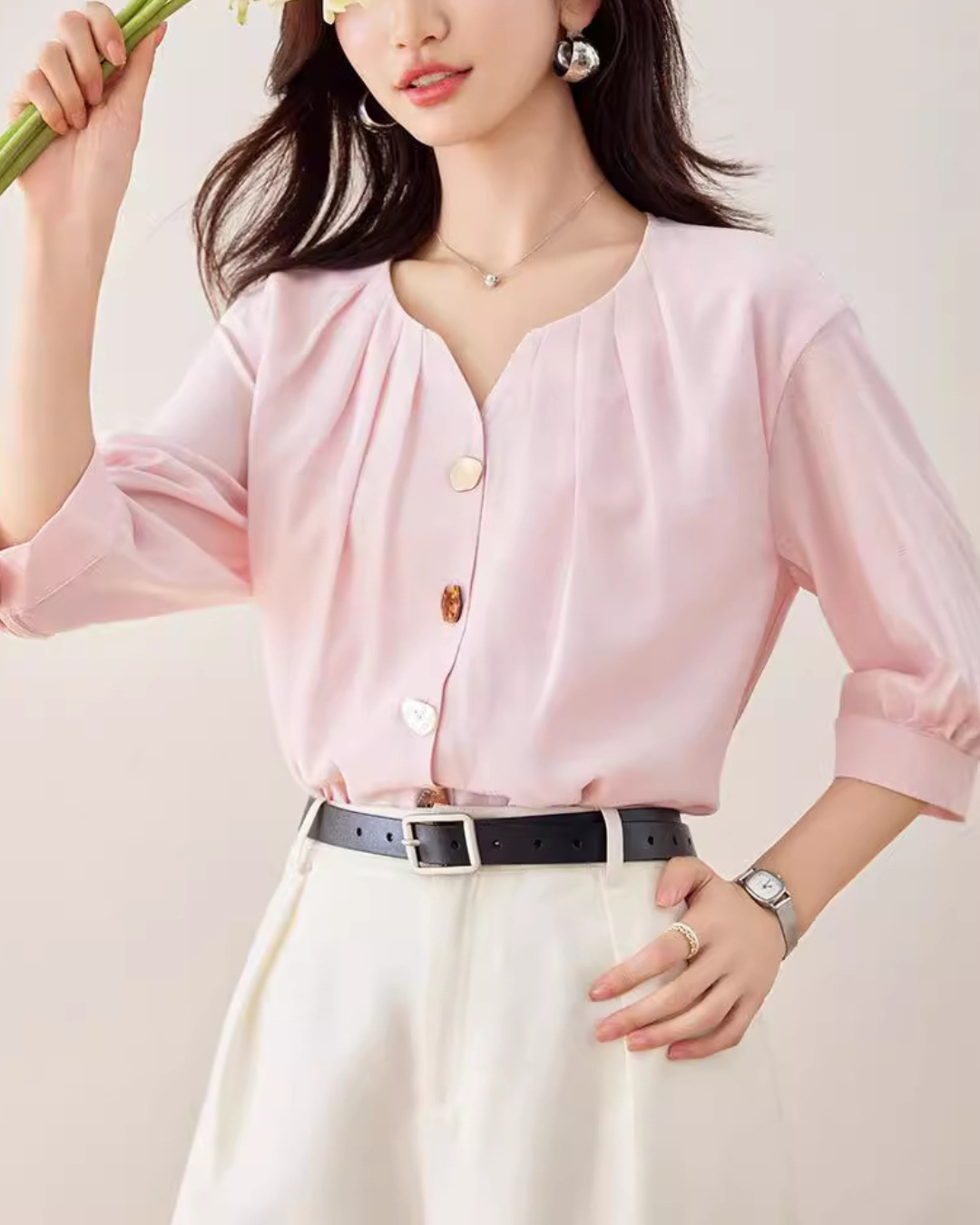 Elara Shell Button Drape Blouse