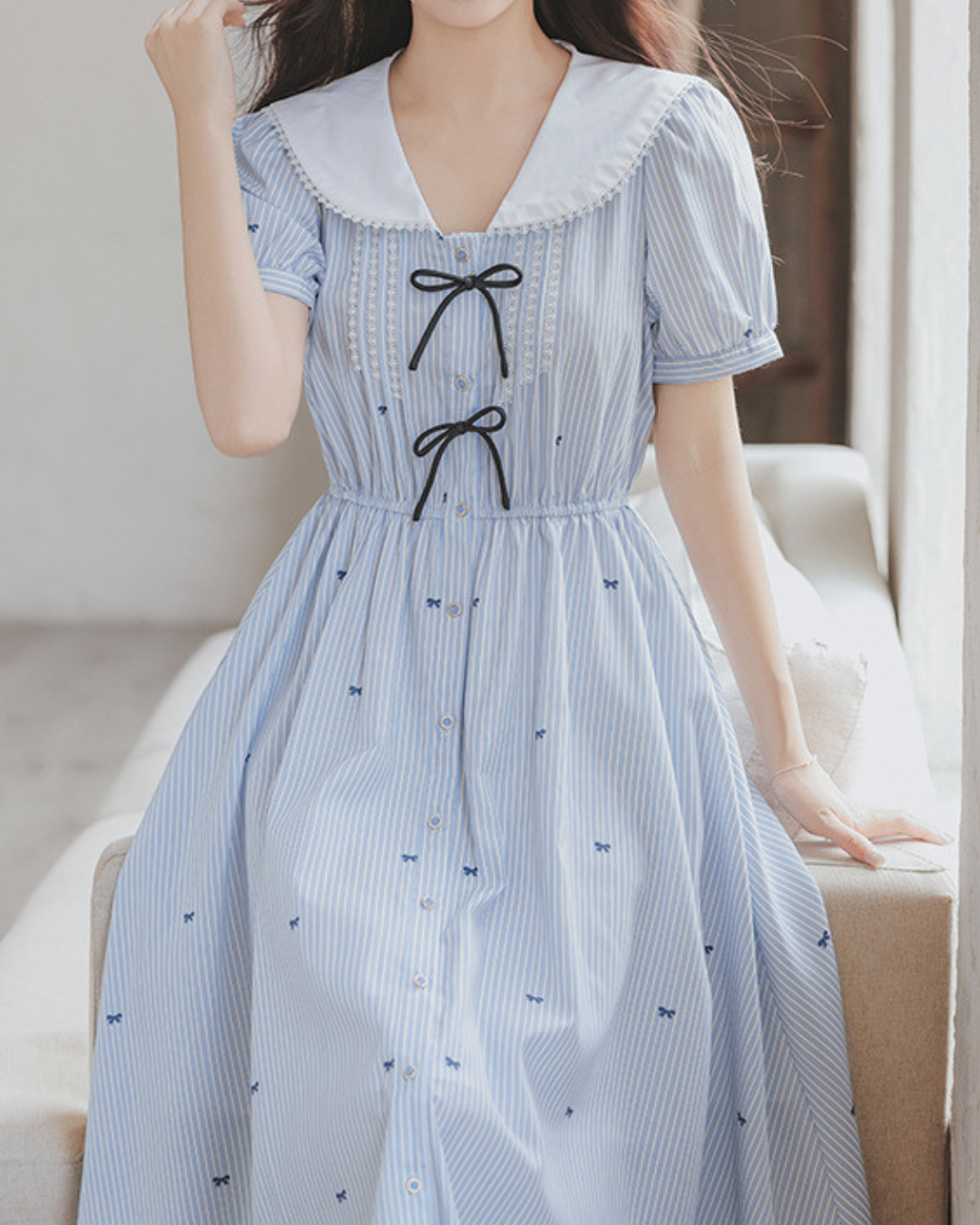 Elara Bow Stripe Midi Dress