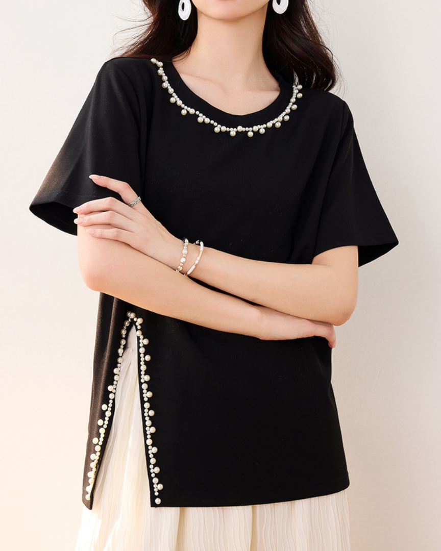 Elara Pearl Trim Cotton T-Shirt