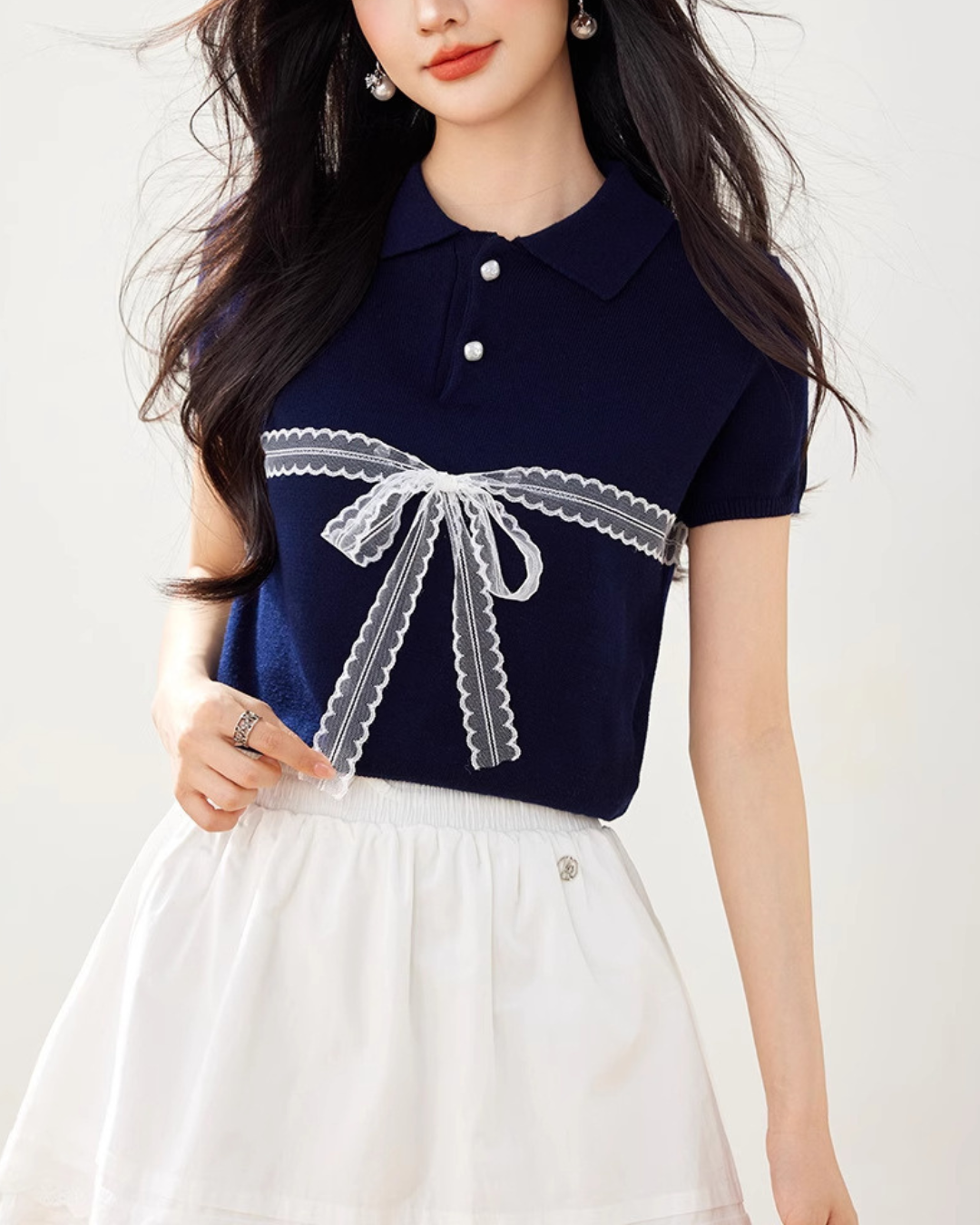 Liora Lace Bow Polo Knit