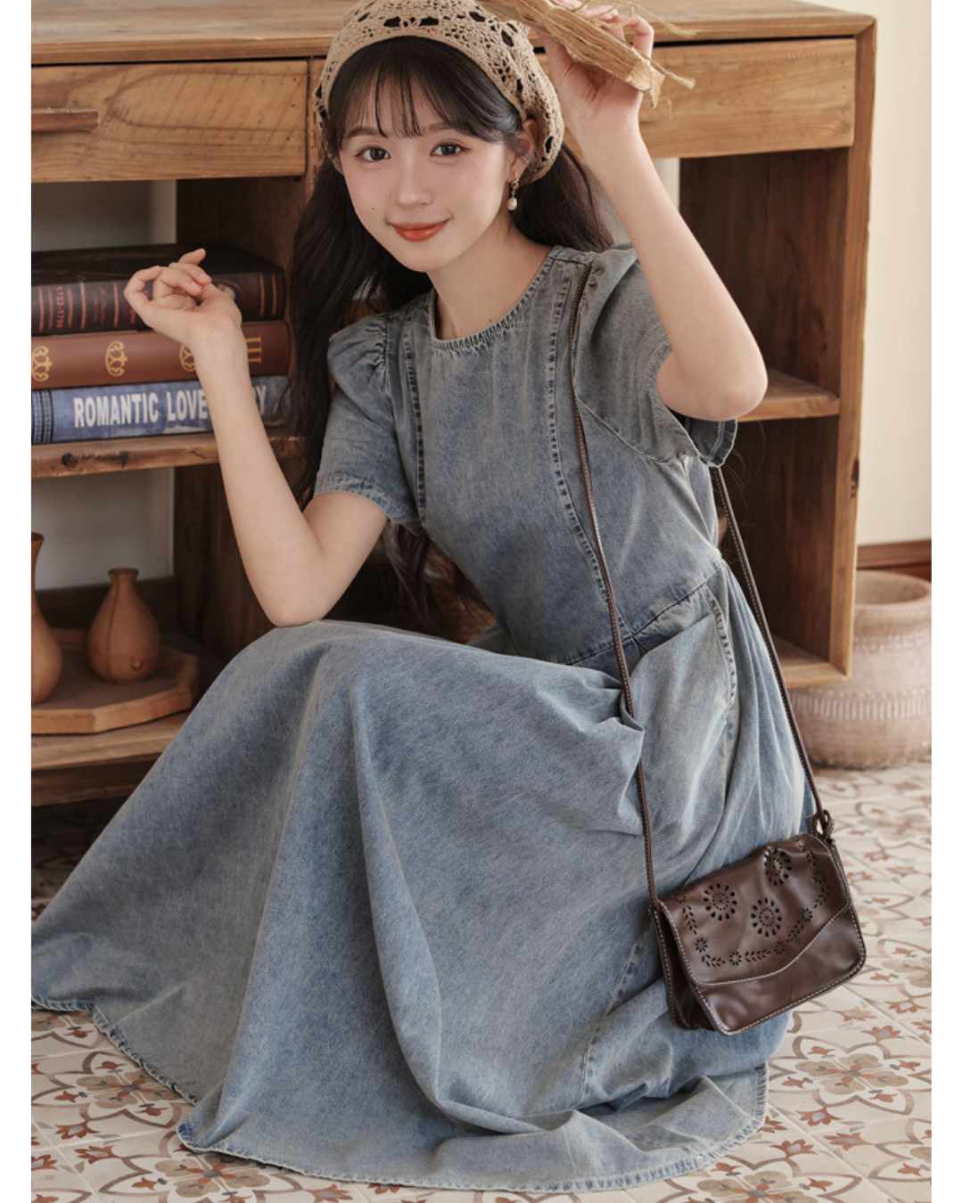Elowen Gathered Denim Midi Dress
